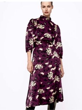 Zara Plum Floral Midi Dress with Cream Accents